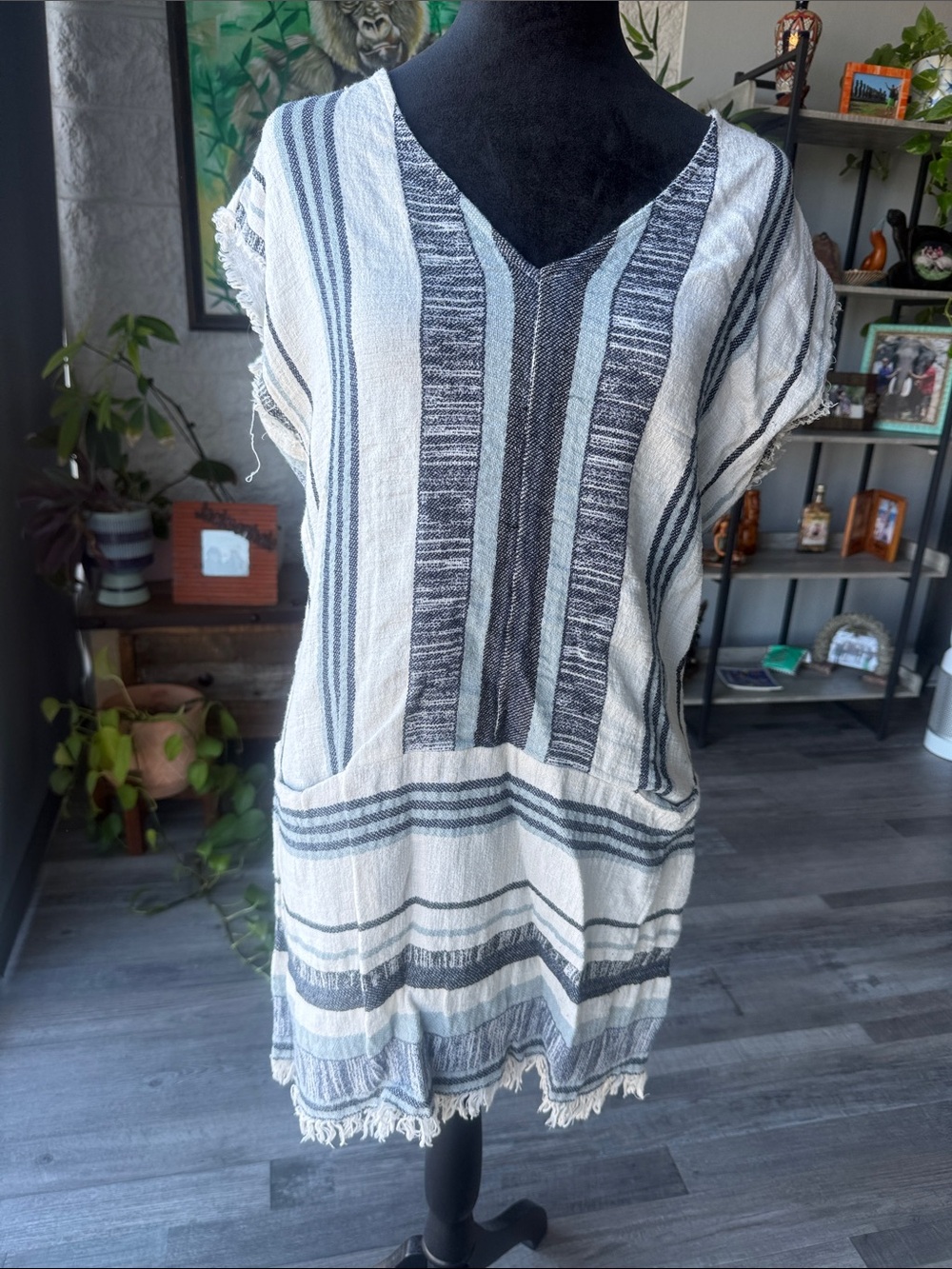 Saks Fifth Avenue Striped V-Neck Woven Tunic Dress in Cream and Blue
